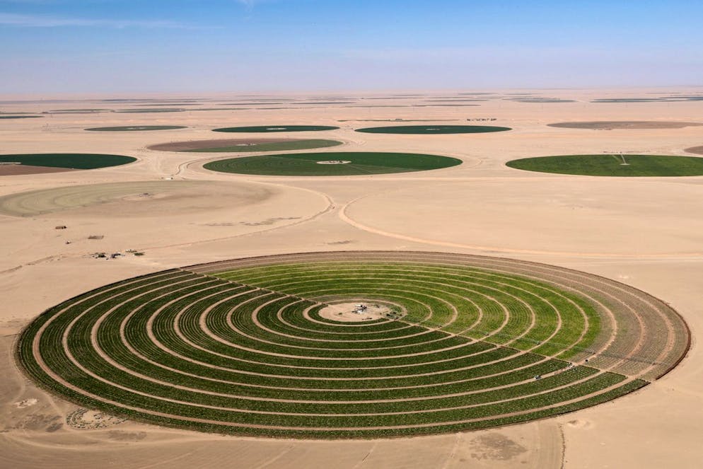 epa08150714 An aerial view shows center pivot irrigation system used for agriculture, in Wadi Al-Dawasir area, Saudi Arabia, 11 January 2020 (issued 22 January 2020). EPA/ANDRE PAIN
