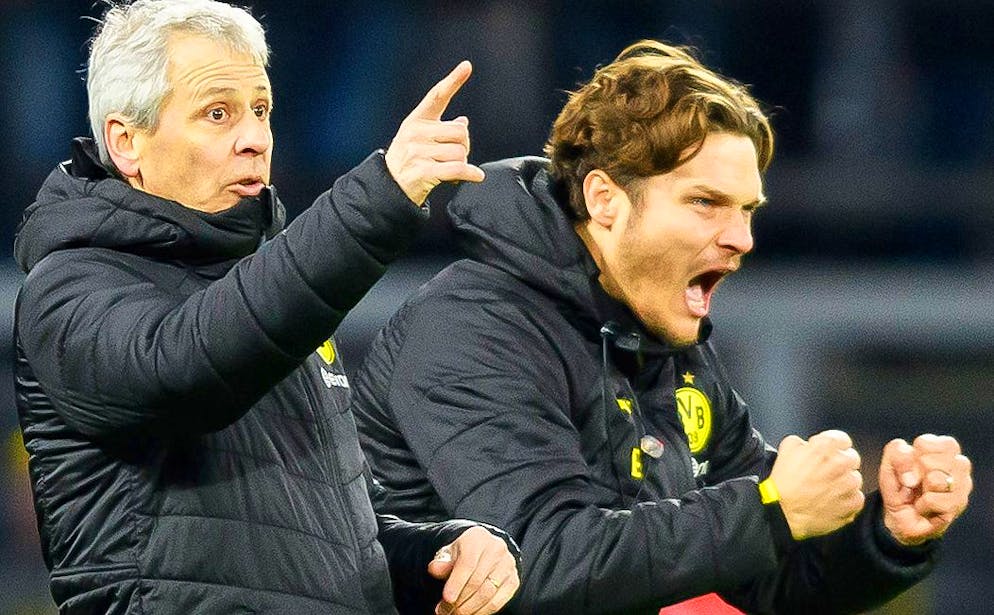 DORTMUND, GERMANY - DECEMBER 10: (BILD ZEITUNG OUT) Borussia Dortmund's head coach Lucien Favre and Borussia Dortmund's assistant coach Edin Terzic gestures during the UEFA Champions League group F match between Borussia Dortmund and Slavia Praha at Signal Iduna Park on December 10.  2019 in Dortmund, Germany.  (Photo by TF-Images / Getty Images)