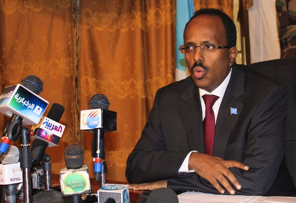 epa02779699 Prime Minister of Somalia, Abdullahi Mohamed, speaks during a press conference in Mogadishu, Somalia, 14 June 2011. Mohamed refused to step down from his position, defying the deal made between the President Sheikh Sharif Ahmed and the speaker of parliament Sharif Hassan Sheikh Aden calling to oust Mohamed while extending the government's term by 12 months. Mohamed said he refuses to resign, respecting his supporters who in hundreds protested in Mogadishu last week against President and the speaker of parliament, demanding their resignations. EPA/ABDI HAJJI HUSSEIN