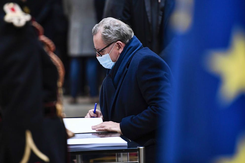 epa08872486 President of the National Assembly Richard Ferrand signs the guest book for late former French President Valery Giscard d'Estaing at the Musee d'Orsay in Paris, France, 09 December 2020 on the national day of mourning for the former president. Valery Giscard d'Estaing died from Covid-19 aged 94, surrounded by his family on 02 December at the family estate. Giscard governed for a single seven-year term from 1974 to 1981. EPA/STEPHANE DE SAKUTIN / POOL MAXPPP OUT