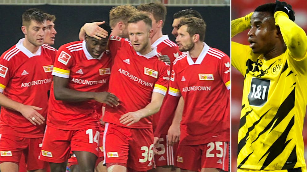 Union Berlin: Eine verschworene Mannschaft freut sich nach dem 1:0. Moukoko (rechts) glich kurz darauf mit seinem allerersten Treffer für Borussia Dortmund aus.