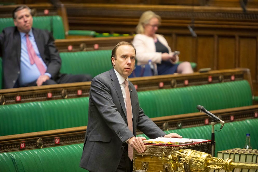 epa08890192 A handout photo made available by the UK Parliament shows Secretary of State for Health and Social Care, Matt Hancock making a statement during a session at the House of Commons in London, Britain, 16 December 2020 on changes to Covid-19 tiers in England. EPA/ROGER HARRIS/UK PARLIAMENT HANDOUT MANDATORY CREDIT: UK PARLIAMENT HANDOUT EDITORIAL USE ONLY/NO SALES