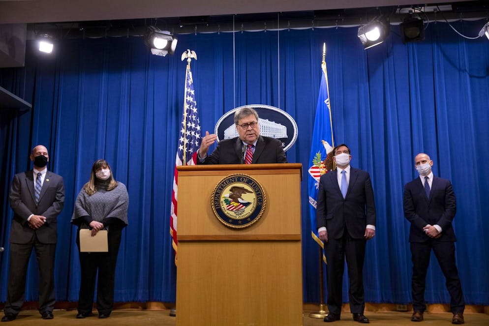 Attorney General William Barr speaks during a news conference, Monday, Dec. 21, 2020 at the Justice Department in Washington. (Michael Reynolds/Pool via AP)