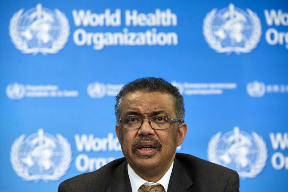 Tedros Adhanom Ghebreyesus, Director General of the World Health Organization (WHO), informs to the media about the update on the situation regarding the novel coronavirus (2019-nCoV), during a press conference, at the World Health Organization (WHO) headquarters in Geneva, Switzerland, Wednesday, February 5, 2020. (KEYSTONE/Salvatore Di Nolfi)