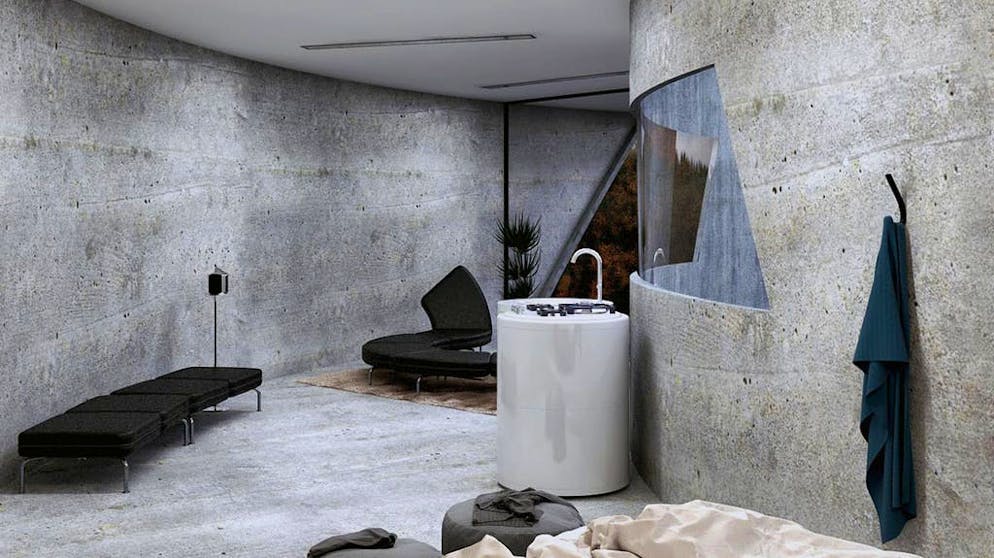 Vivere come il cattivo di James Bond. Questa casa minimalista dispone di una piccola cucina, di un bagno e di una camera.