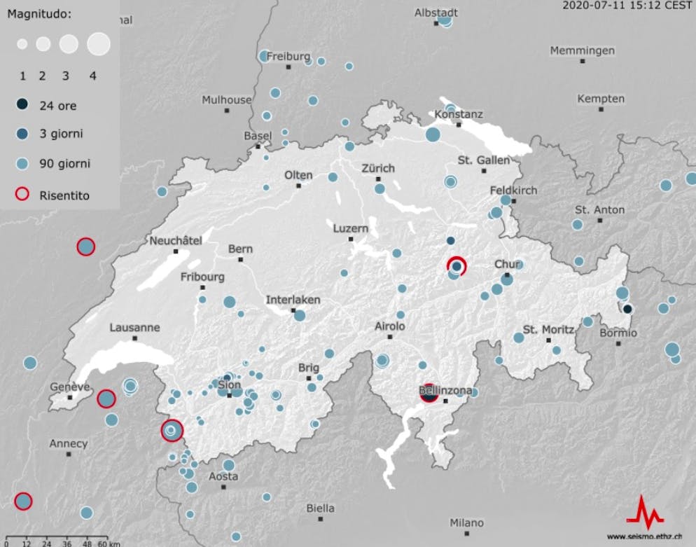 Il luogo esatto dell'epicentro nella cartina del Servizio sismico svizzero