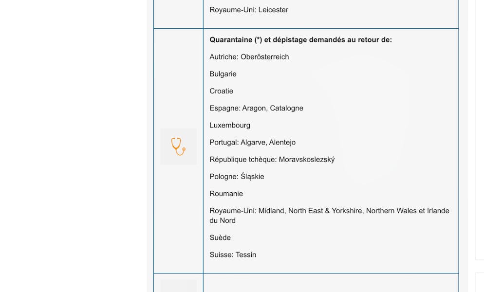Print screen della pagina in cui si consiglia fortement di fare il tampone e la quarantena al rientro dal Ticino.
