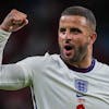 England's Kyle Walker celebrates after winning the Euro 2020 soccer championship semifinal match against Denmark at Wembley stadium in London, Wednesday, July 7, 2021. (AP Photo/Frank Augstein, Pool)