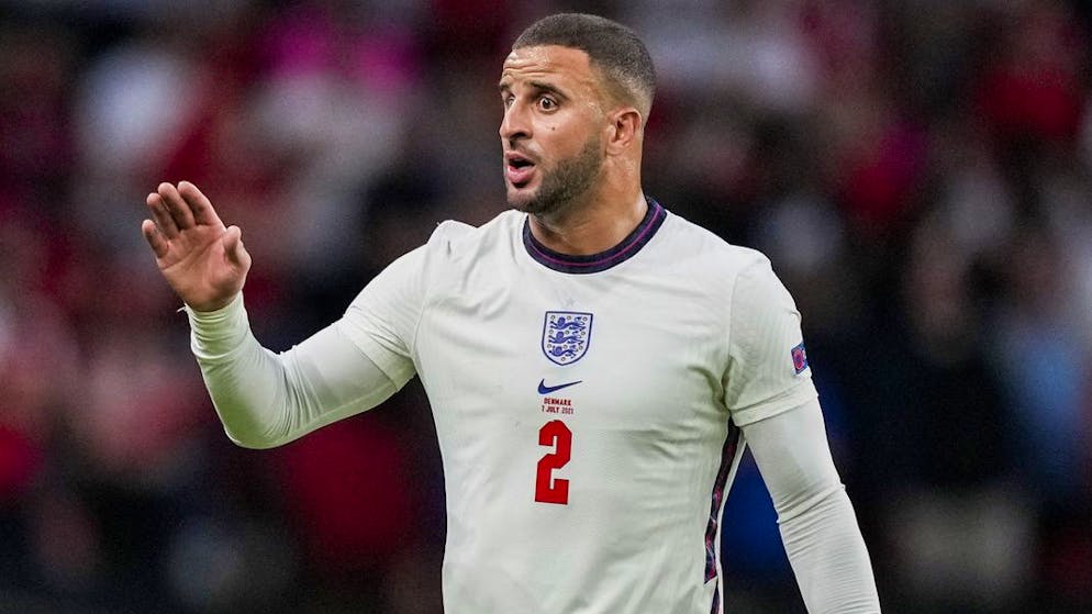England's Kyle Walker gestures during the Euro 2020 soccer championship semifinal match between England and Denmark at Wembley stadium in London, Wednesday, July 7, 2021. (AP Photo/Frank Augstein, Pool)