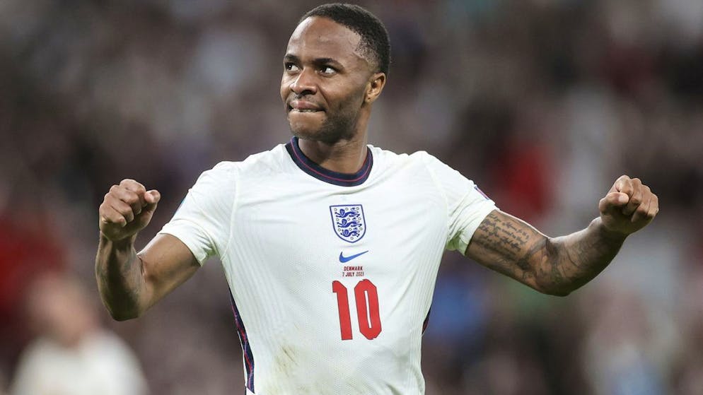 England's Raheem Sterling celebrates his side's 2-1 win at the end of the Euro 2020 soccer championship semifinal match between England and Denmark at Wembley stadium in London, Wednesday, July 7, 2021. (AP Photo/Carl Recine, Pool)