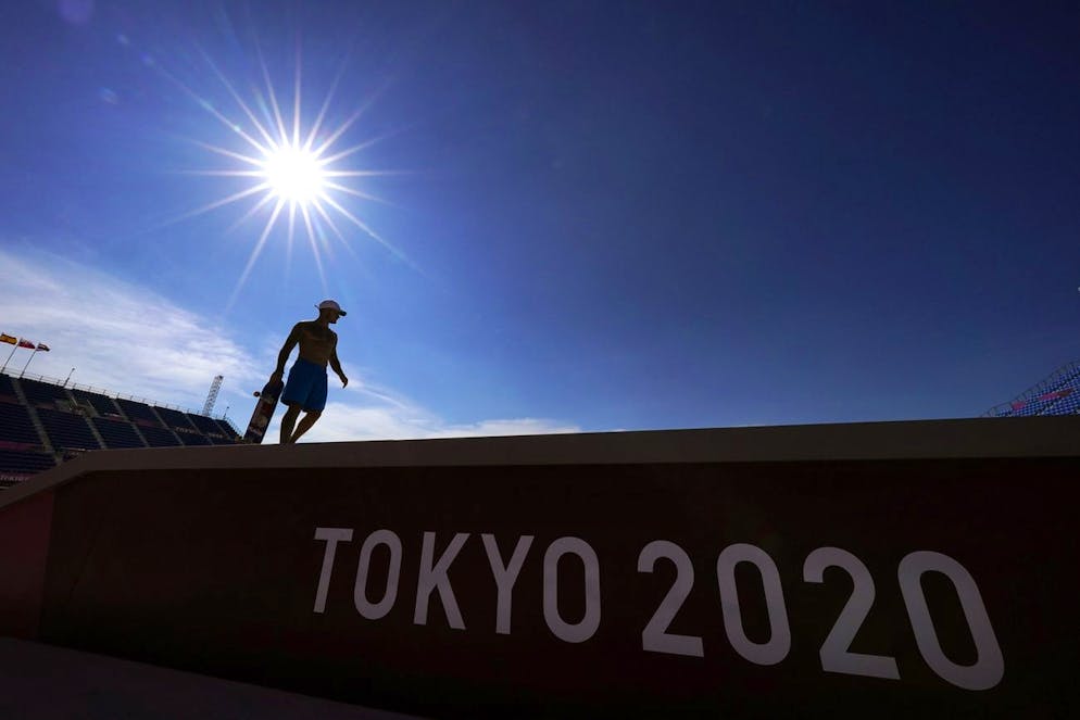 France's Aurelien Giraud trains during a street skateboarding practice session at the 2020 Summer Olympics, Wednesday, July 21, 2021, in Tokyo, Japan. (AP Photo/Gregory Bull)