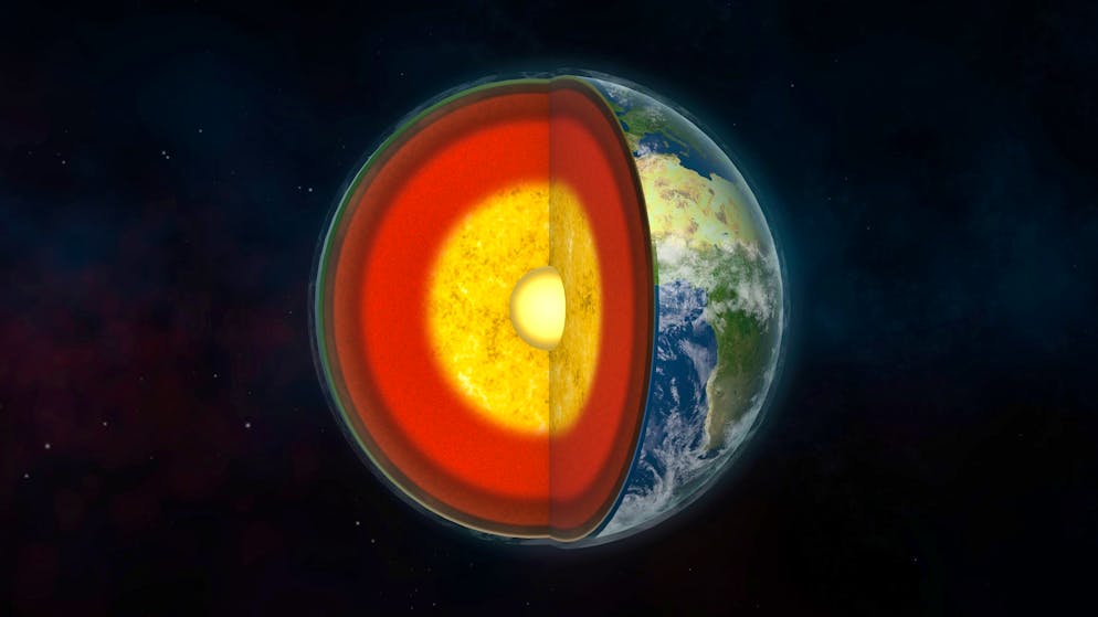Computer illustration showing Earth's internal structure. The core consists of an inner region and an outer region. The mantle consists of the mesosphere, the athenosphere, and the lower part of the lithosphere. The crust is the upper part of the lithosphere. The crust is around 40 kilometres thick in the continents, and as little as 5 kilometres thick in the deep ocean. The mantle is a viscous layer of rock some 2900 kilometres deep. The outer core is a liquid composed of molten iron and nickel. Convection currents in these metals are responsible for producing the Earth's magnetic field. The outer core is around 2250 kilometres thick. Below it is the solid inner core which is a hot, solid sphere of iron and nickel, some 1200 kilometres in radius, at a temperature of around 5500 degrees Celsius.