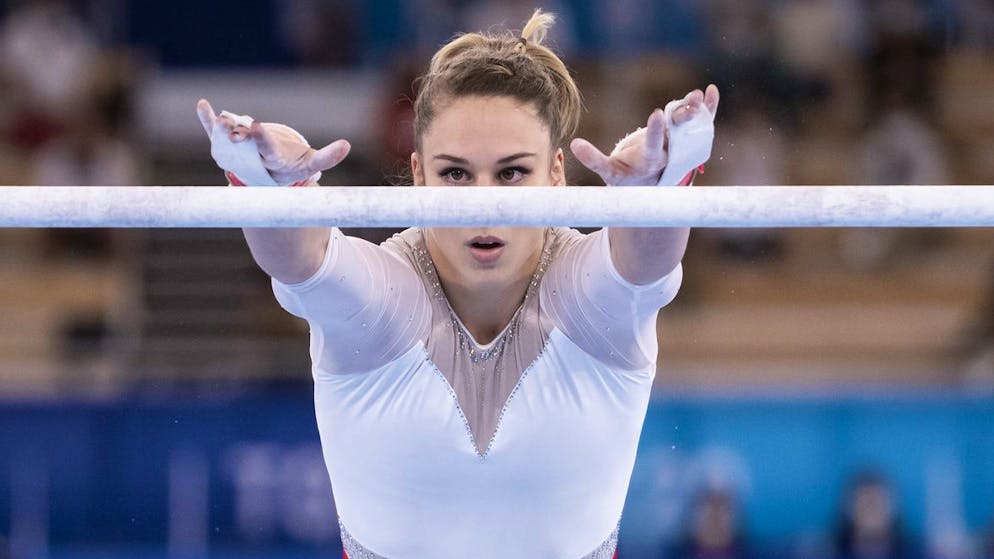Giulia Steingruber of Switzerland performs at the uneven bars during the Artistic Gymnastics women's All-Around Final at the 2020 Tokyo Summer Olympics in Tokyo, Japan, on Thursday, July 29, 2021. (KEYSTONE/Peter Klaunzer)