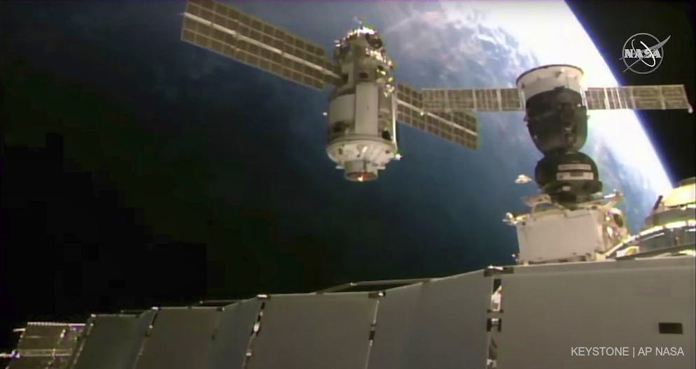 This Thursday, July 29, 2021 image provided by NASA shows the 20-metric-ton (22-ton) Nauka module, also called the Multipurpose Laboratory Module as it approaches the International Space Station space station. RussiaâÄ™s long-delayed lab module successfully docked with the International Space Station on Thursday, eight days after it was launched from the Russian space launch facility in Baikonur, Kazakhstan. (NASA via AP)