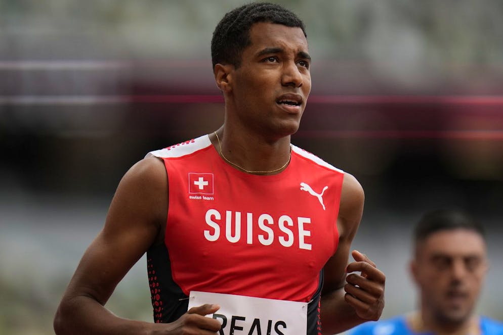 William Reais, of Switzerland, reacts after his heat of the men's 200-meters at the 2020 Summer Olympics, Tuesday, Aug. 3, 2021, in Tokyo. (AP Photo/Petr David Josek)