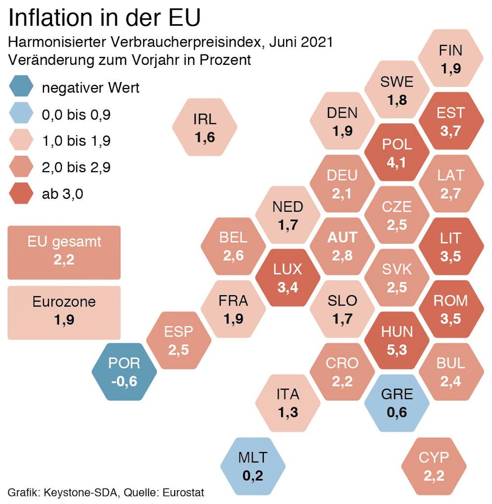 GRAFIK --- Harmonisierter Verbraucherpreisindex in EU-Laendern im Juni 2021 - schematische Karte (90 X 92mm hoch) vom Freitag, 16. Juli 2021 (KEYSTONE/Christian Sprang)