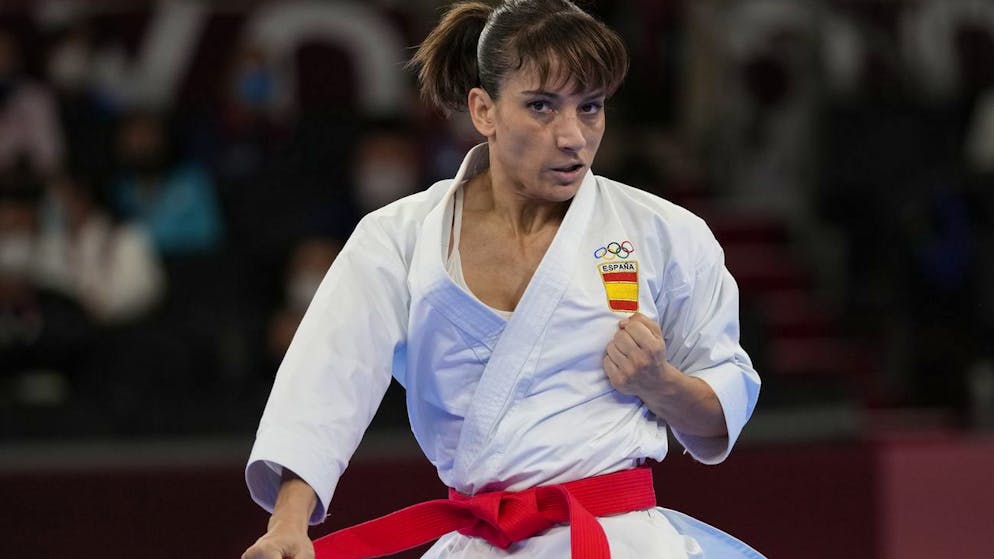 Sandra Sanchez Jaime of Spain competes in one of the women's kata final bout for Karate at the 2020 Summer Olympics, Thursday, Aug. 5, 2021, in Tokyo, Japan. (AP Photo/Vincent Thian)