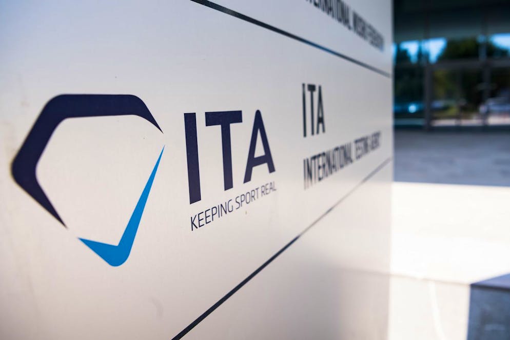 A logo of the International Testing Agency, (ITA), the new anti-doping testing agency, is displayed, in Lausanne, Switzerland, on Thursday August 2, 2018. (KEYSTONE / Jean-Christophe Bott) ... anti-doping agency ITA, International Testing Agency, (the International Testing Agency) this Thursday, August 2, 2018 in Lausanne.  (TRAPEZOIDAL / Jean-Christophe Bott)