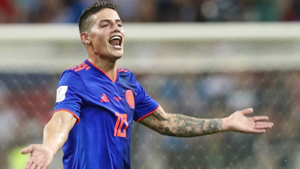 epa06837396 James Rodriguez of Colombia celebrates the 1-0 lead during the FIFA World Cup 2018 group H preliminary round soccer match between Poland and Colombia in Kazan, Russia, 24 June 2018.....(RESTRICTIONS APPLY: Editorial Use Only, not used in association with any commercial entity - Images must not be used in any form of alert service or push service of any kind including via mobile alert services, downloads to mobile devices or MMS messaging - Images must appear as still images and must not emulate match action video footage - No alteration is made to, and no text or image is superimposed over, any published image which: (a) intentionally obscures or removes a sponsor identification image; or (b) adds or overlays the commercial identification of any third party which is not officially associated with the FIFA World Cup) EPA/ROBERT GHEMENT EDITORIAL USE ONLY