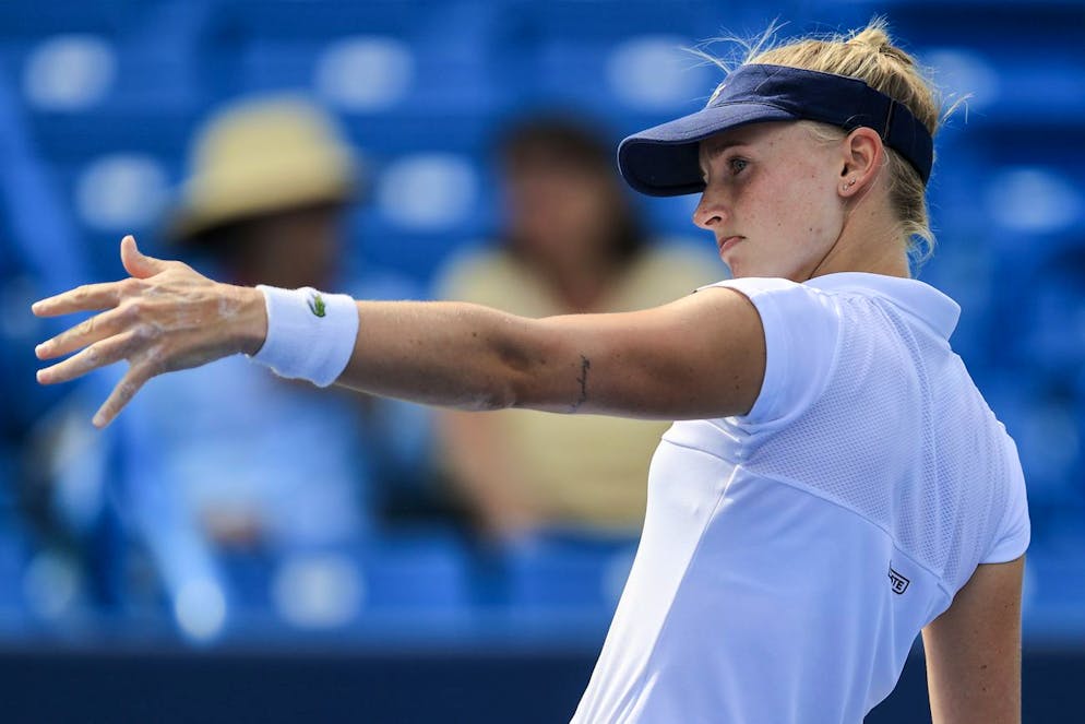 Jil Teichmann, of Switzerland, reacts during her match against Karolina Pliskova, of the Czech Republic, during the Western & Southern Open tennis tournament Saturday, Aug. 21, 2021, in Mason, Ohio. (AP Photo/Aaron Doster)