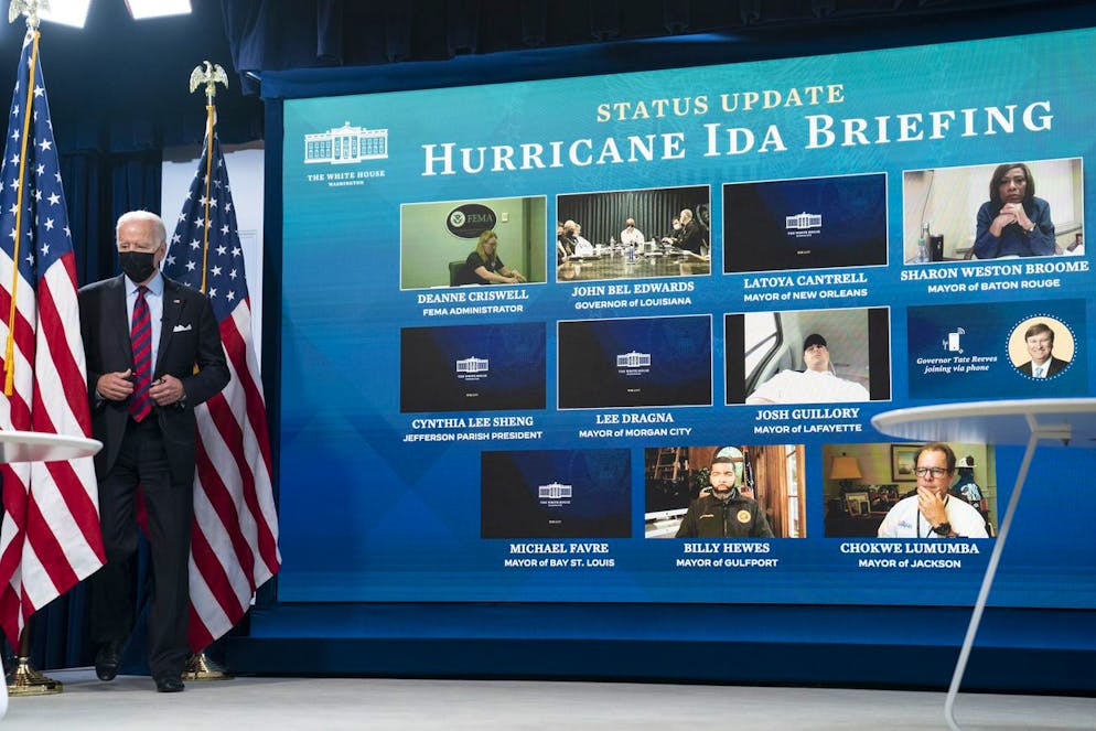 President Joe Biden arrives for a virtual meeting with FEMA Administrator Deanne Criswell and governors and mayors of areas impacted by Hurricane Ida, in the South Court Auditorium on the White House campus, Monday, Aug. 30, 2021, in Washington. (AP Photo/Evan Vucci)