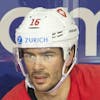 Switzerland's defender Mirco Mueller, left, speaks with Switzerland's defender Raphael Diaz, right, during a training session, at the IIHF 2021 World Championship quarter final game between Switzerland and Germany, at the Olympic Sports Center, in Riga, Latvia, Wednesday, June 2, 2021. (KEYSTONE/Salvatore Di Nolfi)