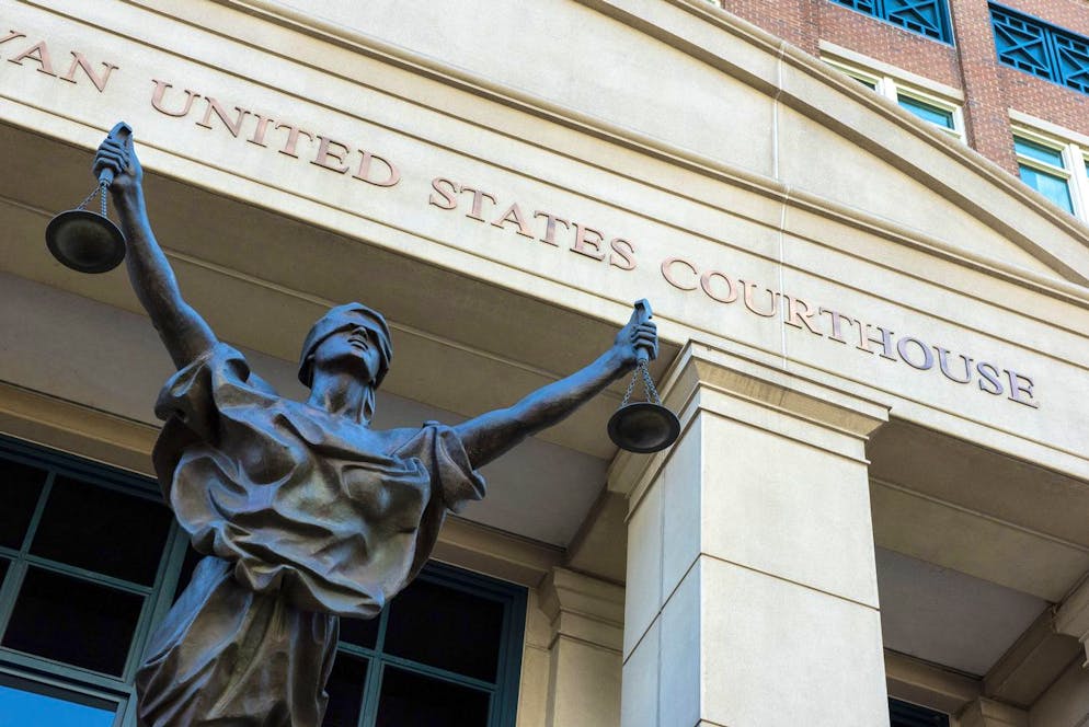 The U.S. Courthouse is seen in Alexandria, Va., Thursday, Sept. 2, 2021. One of two British nationals charged with joining the Islamic State group and conspiring to torture and behead American and European hostages in Syria is scheduled to plead guilty to criminal charges. Federal court records show a change of plea hearing has been scheduled for Thursday in U.S. District Court for Alexanda Amon Kotey. (AP Photo/Cliff Owen)