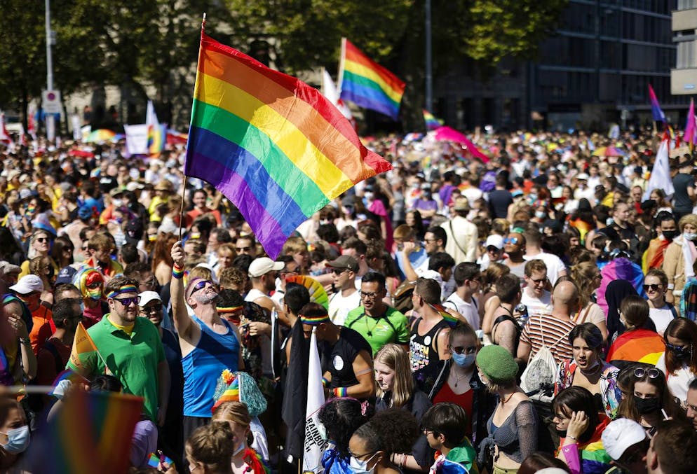 People demonstrate at the Zurich Pride parade in Zurich, Switzerland, with the slogan 