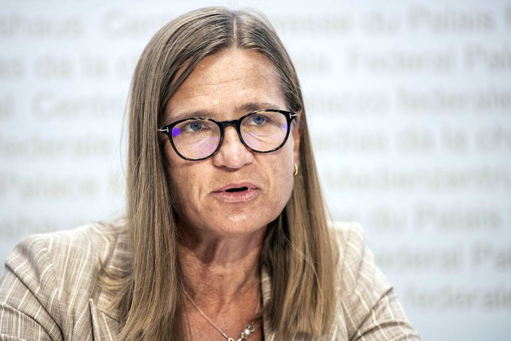 Virginie Masserey, Leiterin Sektion Infektionskontrolle, Bundesamt für Gesundheit BAG, spricht an einem Point de Presse zu Covid 19, am Dienstag, 31. August 2021, in Bern. (KEYSTONE/Peter Schneider)