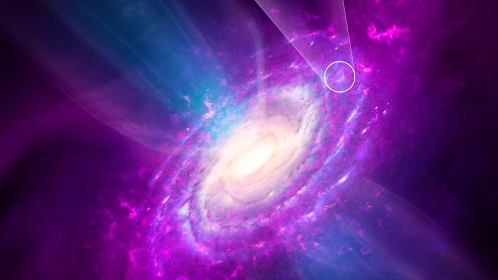 Künstlerische Darstellung der Milchstrasse: Das von aussen in die Galaxie einströmende Gas (violett) vermischt sich nicht effizient mit dem bereits vorhandenen Gas des interstellaren Raums. Deshalb weist das Gas nicht überall die solare Metallizität auf (Vergrösserung).
