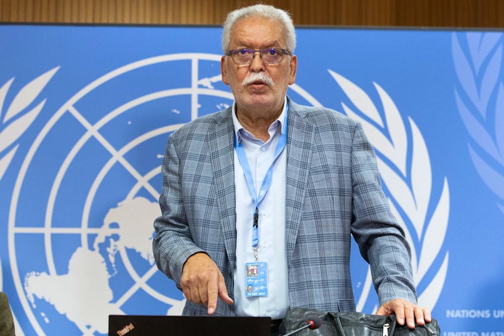 Kamel Jendoubi, Chairperson of the Group of Eminent Experts on Yemen, arrives for the launch of the 4th report of the Group of Eminent Experts on Yemen during press conference, at the European headquarters of the United Nations in Geneva, Switzerland, Wednesday, September 8, 2021. (KEYSTONE/Salvatore Di Nolfi)