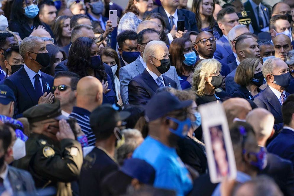 Former President Barack Obama, former First Lady Michelle Obama, President Joe Biden, first lady Jill Biden and former New York City Mayor Michael Bloomberg attend a ceremony marking the 20th anniversary of the Sept. 11, 2001, terrorist attacks at the National September 11 Memorial and Museum in New York, Saturday, Sept. 11, 2021. (AP Photo/Evan Vucci)