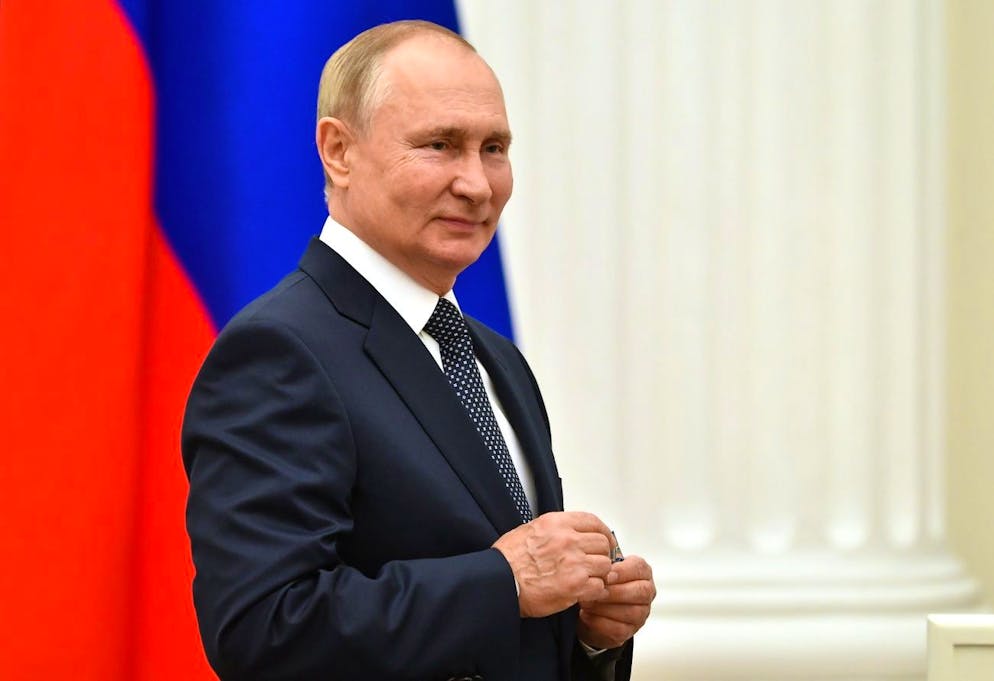 Russian President Vladimir Putin attends an awarding ceremony for the Russian Olympic Committee's medalists of the Tokyo 2020 Summer Olympics at the St Catherine Hall in the Kremlin in Moscow, Russia, Saturday, Sept. 11, 2021. (Yevgeny Biyatov, Sputnik, Kremlin Pool Photo via AP)