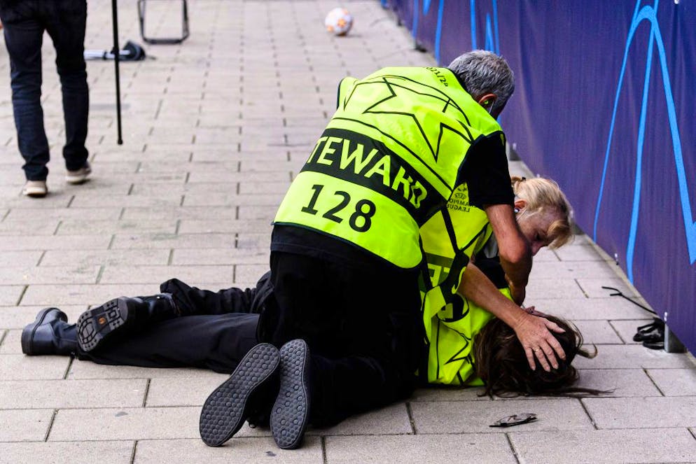 BERN, SWITZERLAND - SEPTEMBER 14: A ball kicked by Cristiano Ronaldo of Manchester United hit a steward prior to the UEFA Champions League group F match between BSC Young Boys and Manchester United at Stadion Wankdorf on September 14, 2021 in Bern, Switzerland. (Photo by Marcio Machado/Eurasia Sport Images/Getty Images)