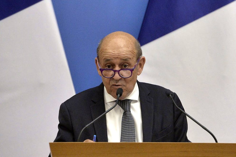 epa09460211 French Minister of Europe and Foreign Affairs Jean-Yves Le Drian holds a joint press conference with Hungarian Minister of Foreign Affairs and Trade Peter Szijjarto (not seen) in the Ministry of Foreign Affairs and Trade in Budapest, Hungary, 10 September 2021. EPA/Lajos Soos HUNGARY OUT