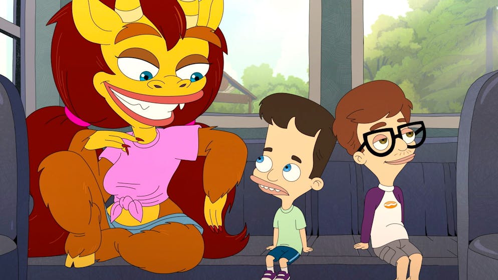 Connie (Maya Rudolph), das Hormonmonster, gibt dem unbeholfenen Nick (Nick Kroll) Ratschläge in seiner Pubertät. Andrew (rechts, John Mulaney) hat sein eigenes Hormonmonster und kann Connie gerade nicht wahrnehmen.