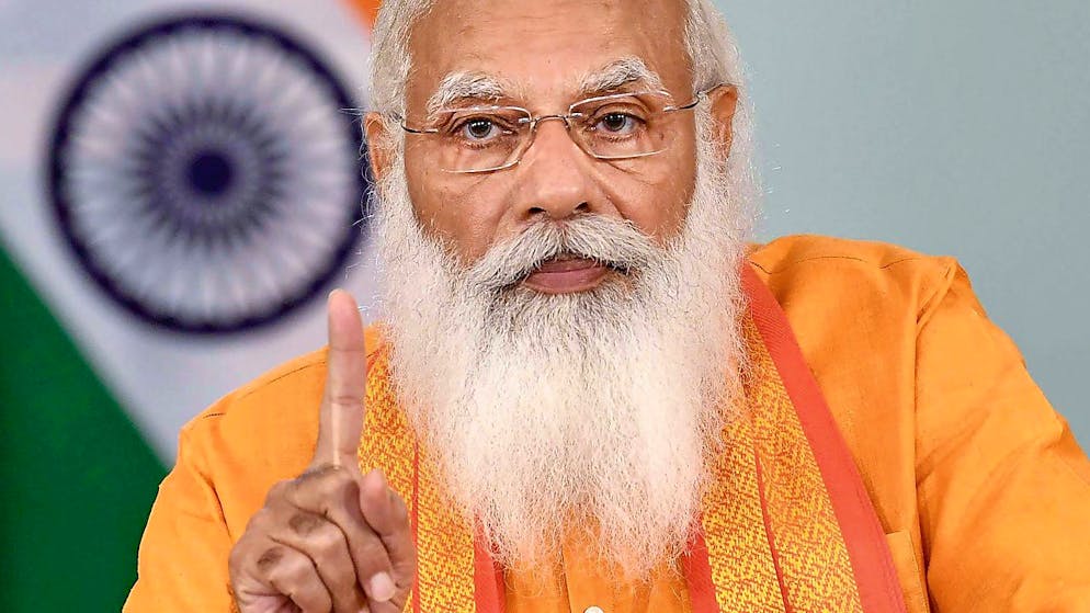 ARCHIV - Der indische Premierminister Narendra Modi hält anlässlich des Internationalen Yogatages eine Rede per Videokonferenz. Modi wird am 17. September 71 Jahre alt und seine hindunationalistische Partei veranstaltet für ihn drei Wochen lang Geburtstagsfeierlichkeiten. Foto: -/Indian government via PTI/dpa