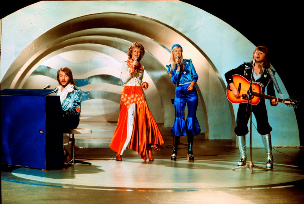 Swedish pop group Abba, performs during the the Eurovision Song Contest 1974 on February 09, 1974 in Brighton with their song Waterloo. Abba won the Eurovision Song Contest in England with