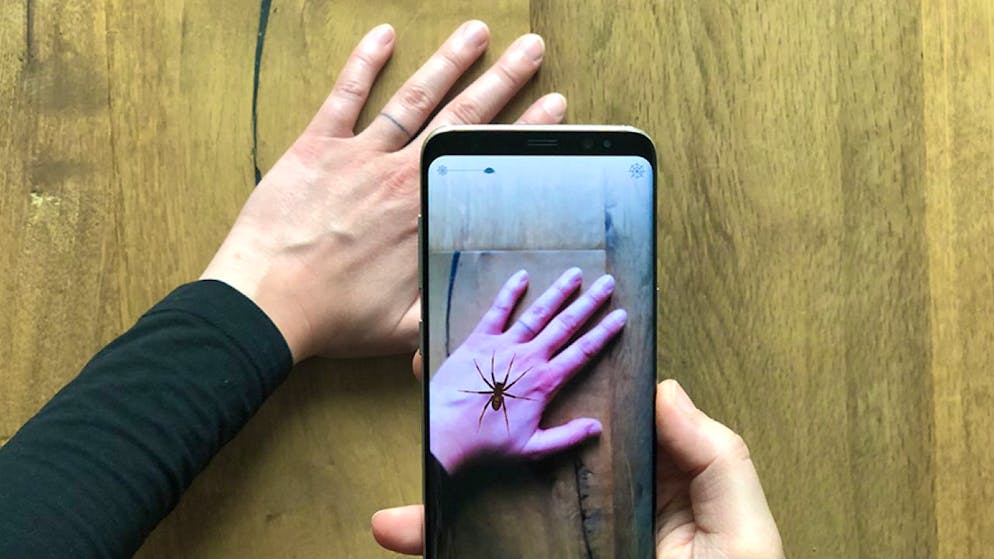 Eine virtuelle Spinne auf der Hand: Diese auf einer Augmented Reality basierende App soll die Hürden für eine Expositionstherapie gegen Spinnenangst senken. (Pressebild)