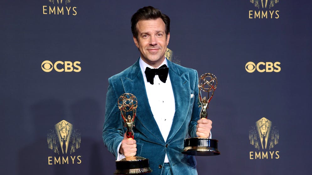 LOS ANGELES, CALIFORNIA - SEPTEMBER 19: Jason Sudeikis, winner of the Outstanding Comedy Series and Outstanding Lead Actor in a Comedy Series awards for ‘Ted Lasso,’ poses in the press room during the 73rd Primetime Emmy Awards at L.A. LIVE on September 19, 2021 in Los Angeles, California. (Photo by Rich Fury/Getty Images)
