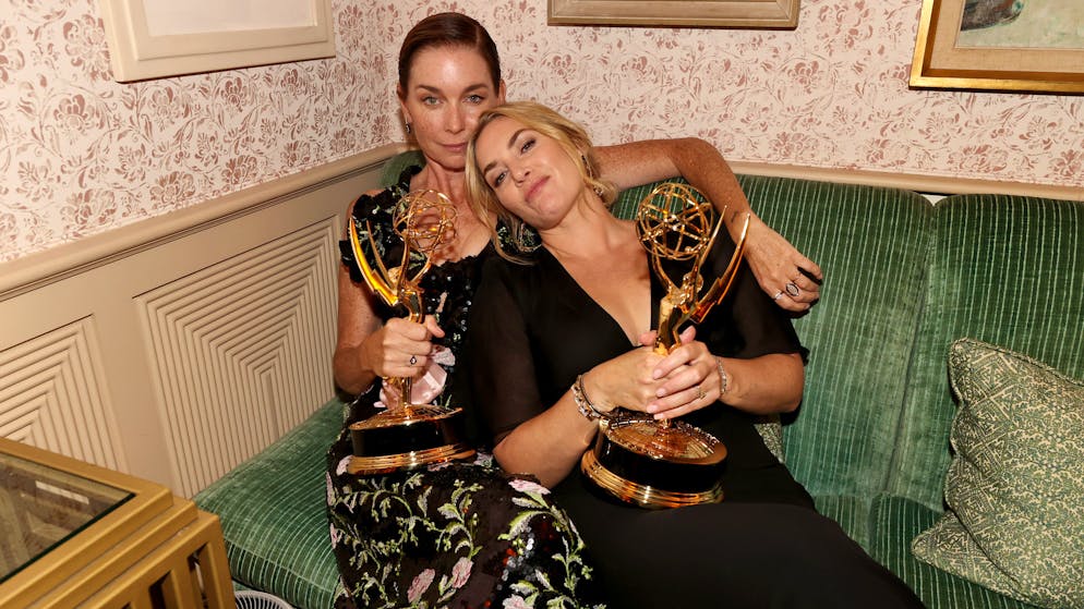 WEST HOLLYWOOD, CALIFORNIA - SEPTEMBER 19: (L-R) Julianne Nicholson and Kate Winslet attend the HBO/ HBO Max Post Emmys Reception at San Vicente Bungalows on September 19, 2021 in West Hollywood, California. (Photo by FilmMagic/FilmMagic for HBO/HBO Max)
