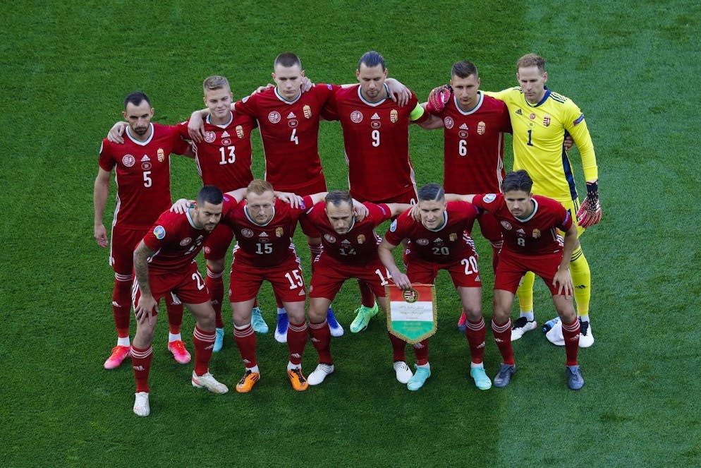 Hungarian national team pose for a photograph before the Euro 2020 soccer championship group F match between Hungary and Portugal at the Ferenc Puskas stadium in Budapest, Hungary, Tuesday, June 15, 2021. (AP Photo/Laszlo Balogh, Pool)