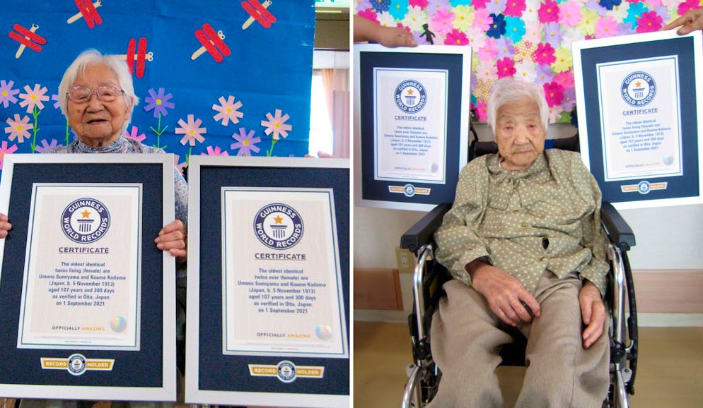Die Schwestern Umeno Sumiyama (l) und Koume Kodama leben in verschiedenen Pflegeheimen auf der Insel Shodoshima und in der Präfektur Oita.