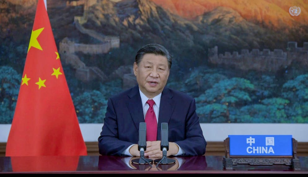 Xi Jinping, Präsident von China, spricht in einer aufgezeichneten Botschaft während der 76. Generaldebatte der UN-Vollversammlung der Vereinten Nationen in New York.