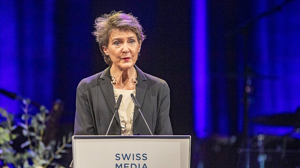 Bundesrätin Simonetta Sommaruga bei ihrer Rede zur Eröffnung des Branchenanlasses Swiss Media Forum in Luzern.