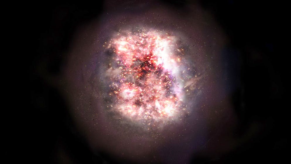 Eine künstlerische Darstellung einer in Staub gehüllter Galaxie: Mit Beobachtungsdaten des Alma-Obervatoriums konnten Astronomen zwei solcher bislang unsichtbaren Galaxien nachweisen. (Pressebild)