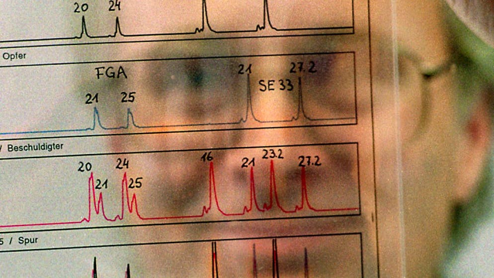 Uno specialista mentre osserva i risultati di un'analisi del DNA di un presunto criminale.