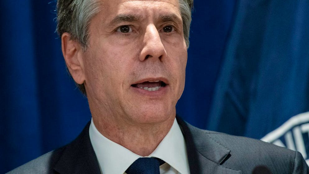 Antony Blinken, Außenminister der USA, spricht zu den Medien nach einem Treffen am Rande der 76. Generaldebatte der UN-Vollversammlung. Foto: Eduardo Munoz/POOL Reuters via AP/dpa
