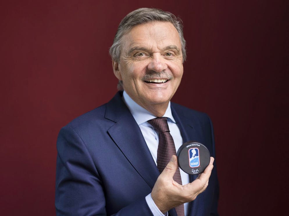 Portrait de Rene Fasel, président de la Fédération internationale de hockey sur glace.