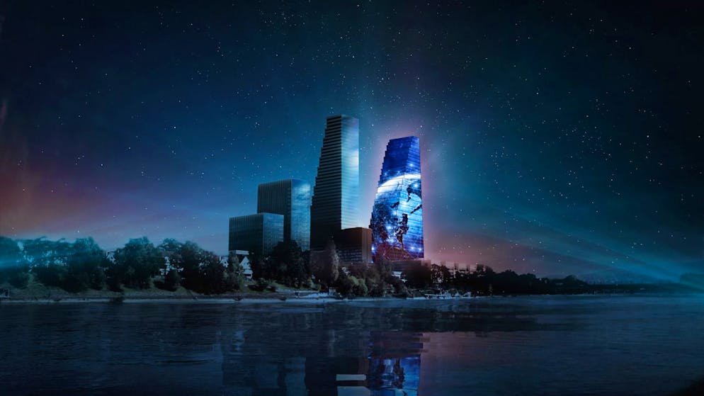 So soll die Lichtprojektion am Roche-Turm (Bau 1) aussehen. Der Pharma-Konzern Roche macht zu seinem 125-Jahr-Jubiläum ein Klang- und Lichtspektakel. Die Videoarbeit kreiert Matthias Etz. (Bild-Montage)
